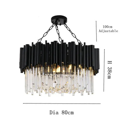 Decorbites crystal chandelier with black and clear crystal tiered design and hanging cylindrical rods for modern luxury lighting