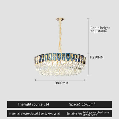 A decorbites crystal chandelier with gold electroplated frame and blue clear k9 crystals for modern luxury lighting