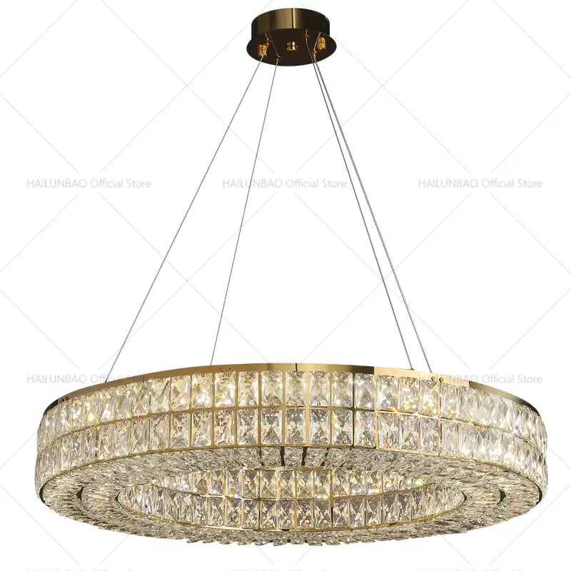 Gold-toned decorbites crystal chandelier with double-ring design and faceted crystal accents for modern luxury lighting