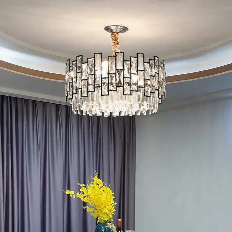 A decorbites crystal chandelier with clear rectangular glass in black frames and twisted copper cord for modern luxury lighting