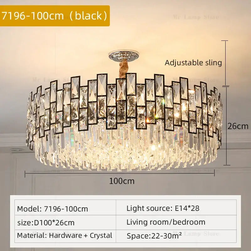 Modern black-framed decorbites crystal chandelier with cascading clear glass prisms and chrome ceiling mount for luxury lighting