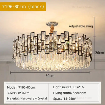 Black-framed decorbites crystal chandelier with cascading clear glass prisms and chrome ceiling mount for luxury lighting