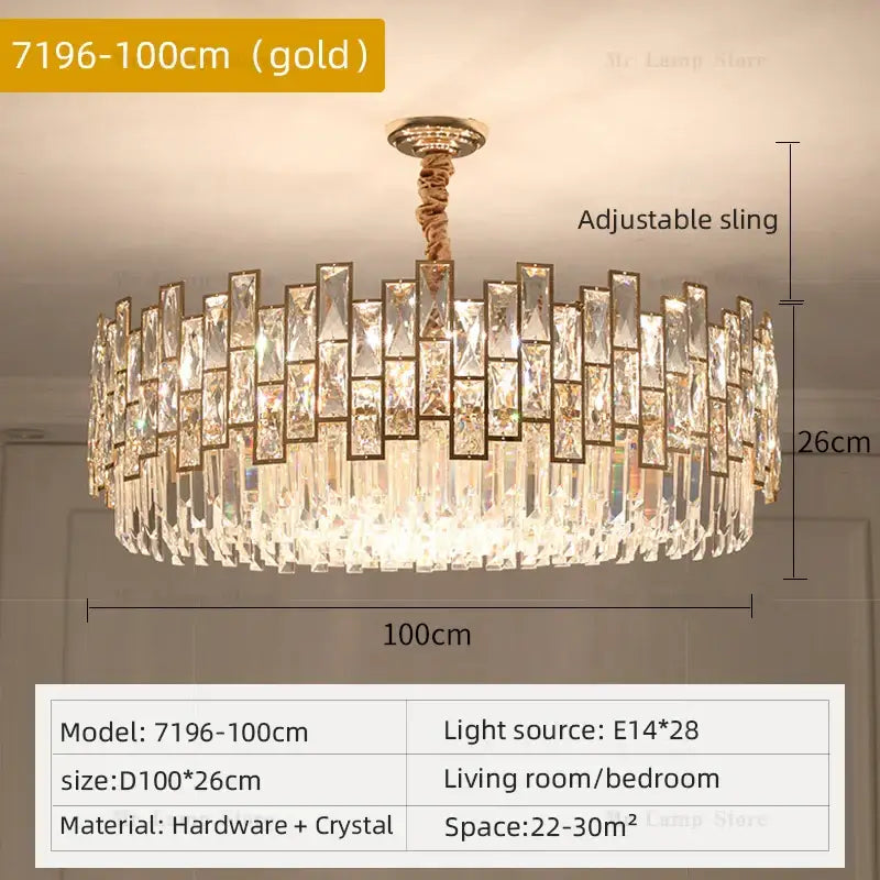 Gold-toned decorbites crystal chandelier with modern geometric design and cascading crystal panels for luxury lighting