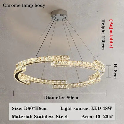 DecorBites crystal chandelier with modern double-ring design and chrome body for elegant living room lamps