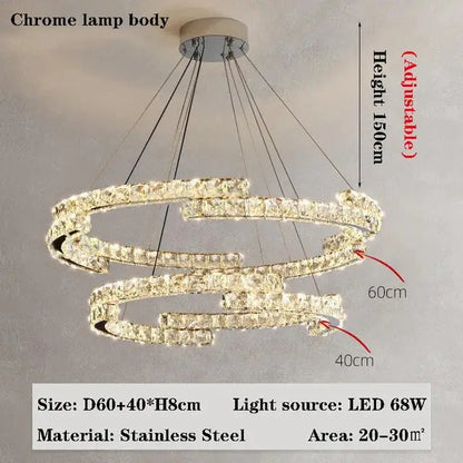 Modern double-ring crystal chandelier with chrome body featuring crystal accents ideal for living room lamps