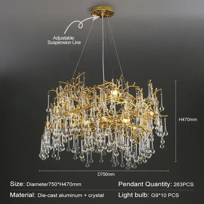 Golden branch-style decorbites crystal chandelier with clear crystal droplets and die-cast aluminum frame for modern luxury