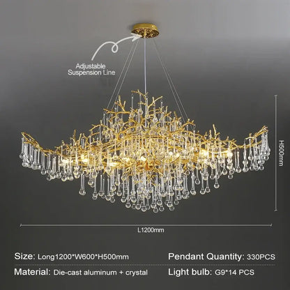 Golden branch-style decorbites crystal chandelier with clear crystal pendants and die-cast aluminum frame for modern luxury