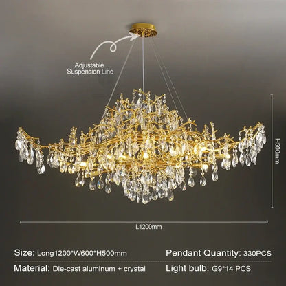 Gold-toned DecorBites crystal chandelier with intricate branching and dangling crystals for modern luxury lighting