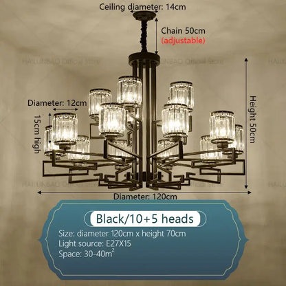 Black metal decorbites crystal chandelier with 15 crystal glass shades for modern luxury livingroom and hall lighting