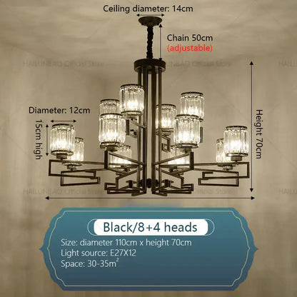 Black metal decorbites crystal chandelier with eight and four glass light fixtures for livingroom and hall lighting