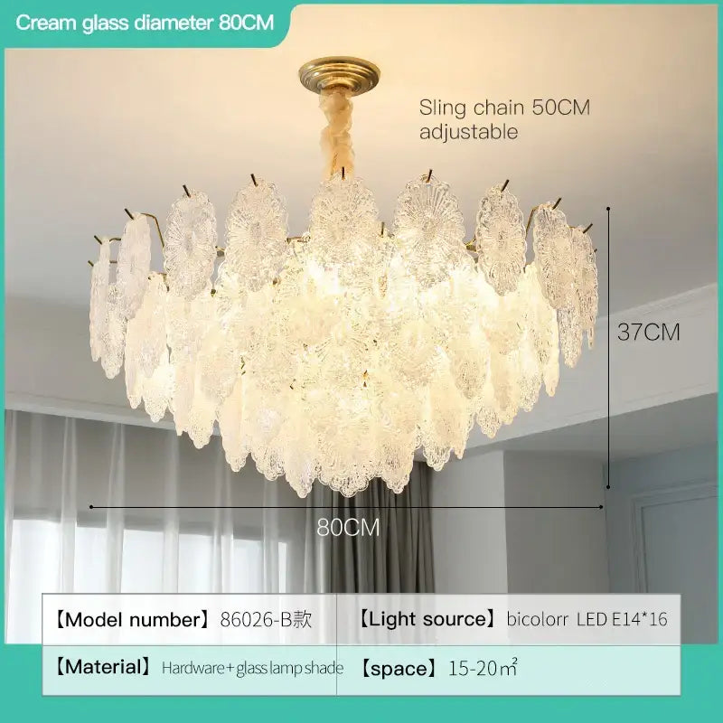 Cream glass decorbites crystal chandelier with lace-like petals and brass ceiling mount for modern luxury living room