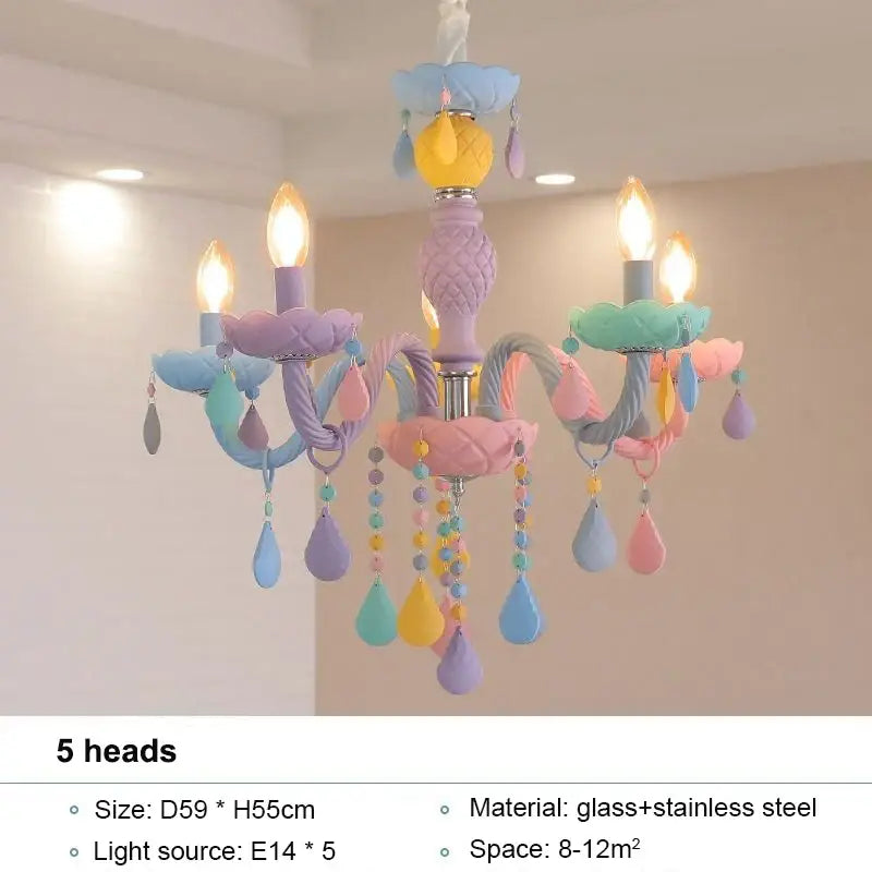 Pastel-colored decorbites crystal chandelier with glass and stainless steel featuring five candle lights and macaron beads