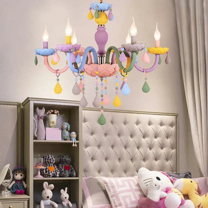 DecorBites crystal chandelier modern with pastel macaron colors and colorful dripping teardrop candle lights for children room