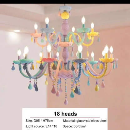 DecorBites crystal chandelier pastel-colored glass and stainless steel with 18 candle lights for children room luminaire