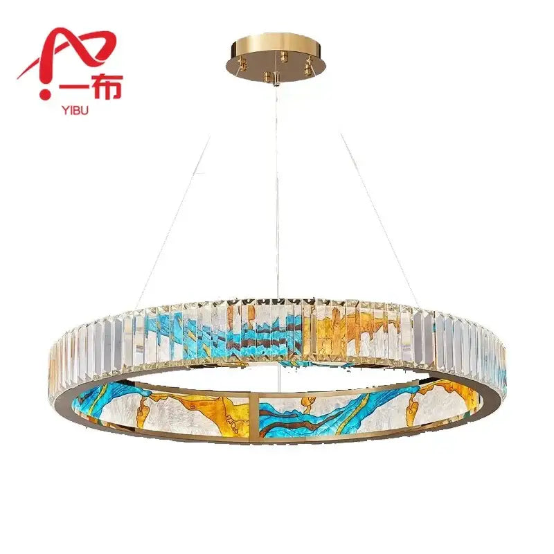 Modern decorbites crystal chandelier pendant lamp with gold ceiling mount blue amber glass panels in abstract wave design