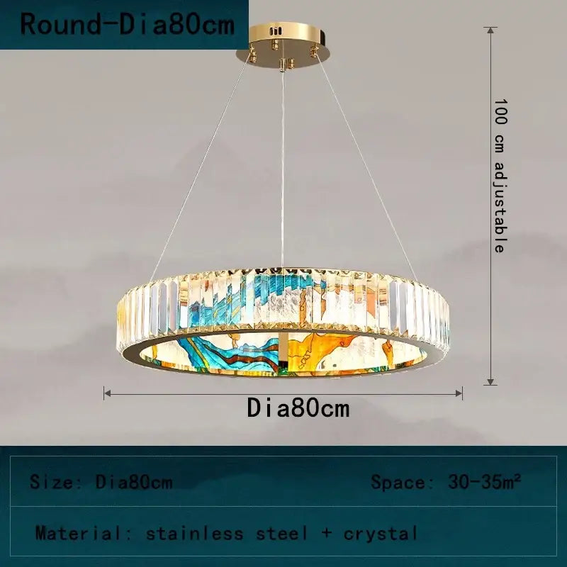 DecorBites crystal chandelier pendant lamp with gold stainless steel frame and blue yellow orange stained-glass design