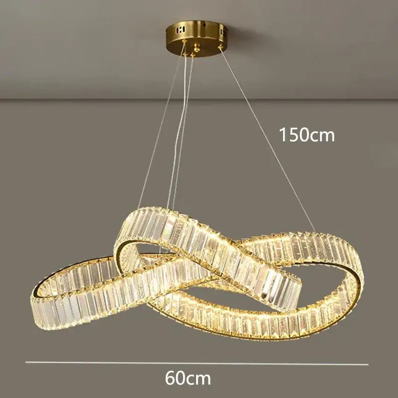 Gold-toned decorbites crystal chandelier pendant lamp with interlocking rings and clear crystal accents for modern lighting