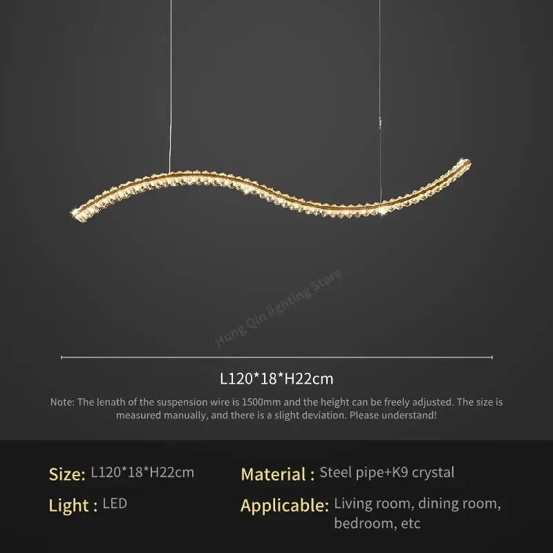 A sleek curved decorbites crystal chandelier pendant lamp with golden steel frame and k9 crystals for living room