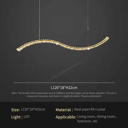 A sleek curved decorbites crystal chandelier pendant lamp with golden steel frame and k9 crystals for living room