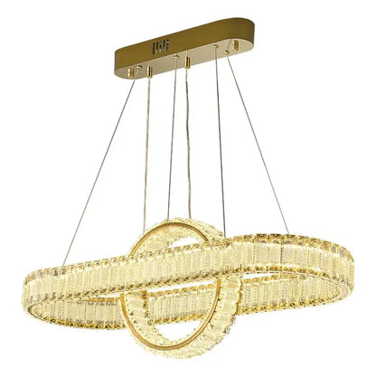 Gold-toned decorbites crystal chandelier with two interlocking crystal rings and sleek rectangular ceiling mount for modern lighting