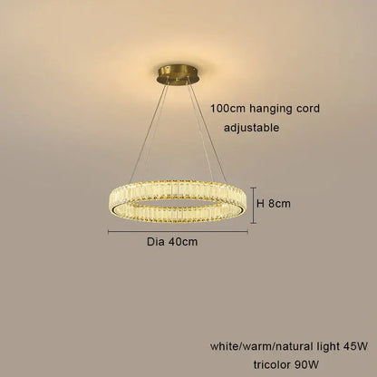 Gold-toned decorbites crystal chandelier pendant lamp with two concentric crystal rings and adjustable 100cm cord