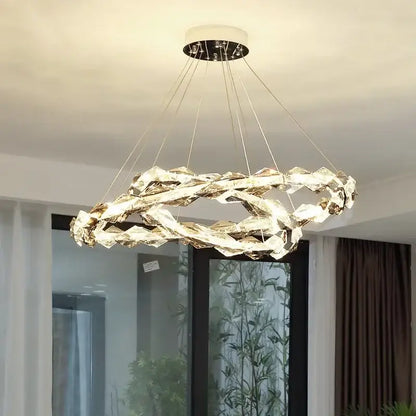 Modern decorbites crystal chandelier pendant light with interlocking rings chrome finish and warm dimmable LED lighting
