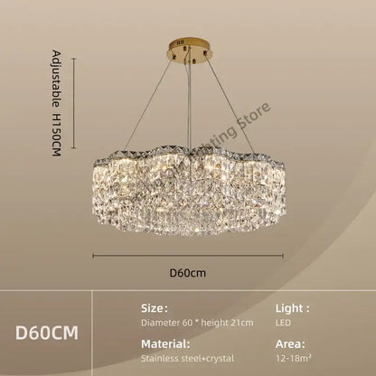 DecorBites crystal chandelier pendant light with gold stainless steel frame and cascading faceted crystals for elegant spaces