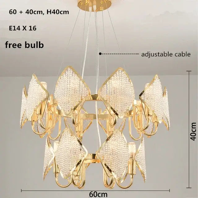 Gold-toned decorbites crystal chandelier pendant light with diamond-shaped crystal panels for elegant living room decor