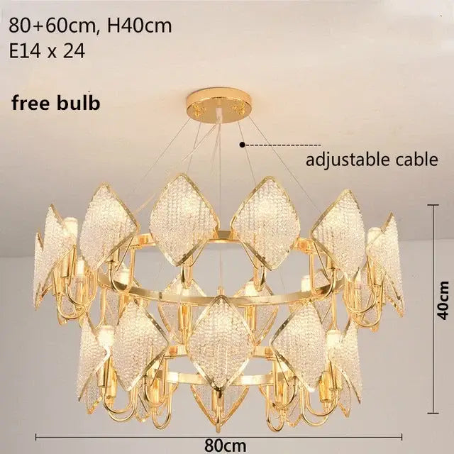 Gold-toned decorbites crystal chandelier pendant light with diamond-shaped crystal pendants for elegant living room decor