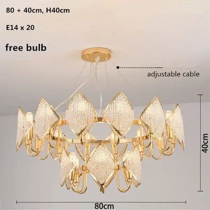 Gold-toned DecorBites crystal chandelier pendant light with diamond-shaped crystals and adjustable cable for living room decor