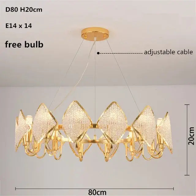 Gold-toned DecorBites crystal chandelier pendant light with diamond-shaped crystal panels and adjustable cable for modern decor