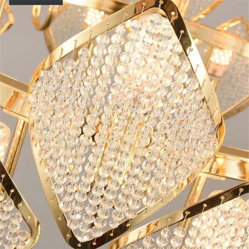 DecorBites crystal chandelier pendant light with gold-toned geometric frame and cascading clear crystal beads for living room decor