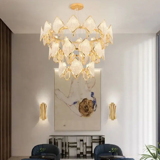 Gold-toned DecorBites crystal chandelier pendant light with diamond-shaped textured glass panels for elegant living room decor