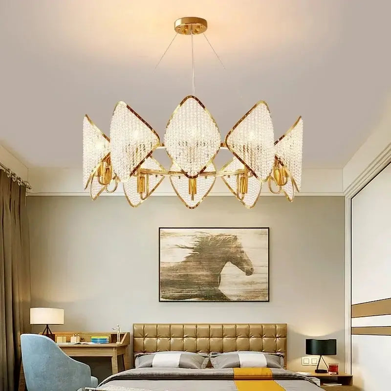 Gold-toned decorbites crystal chandelier pendant light with diamond-shaped crystal pendants for elegant living room decor
