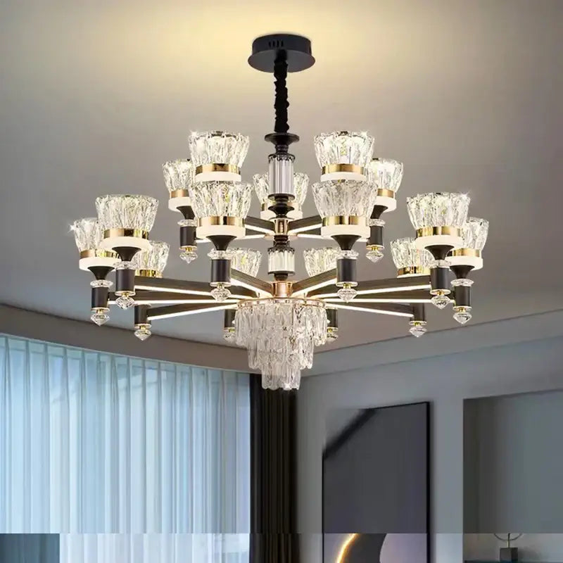 Elegant DecorBites crystal chandelier pendant light with multi-tiered crystal glass shades and gold-toned accents for living room