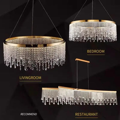 Gold-framed decorbites crystal chandelier pendant light with cascading clear crystal droplets in circular and rectangular designs