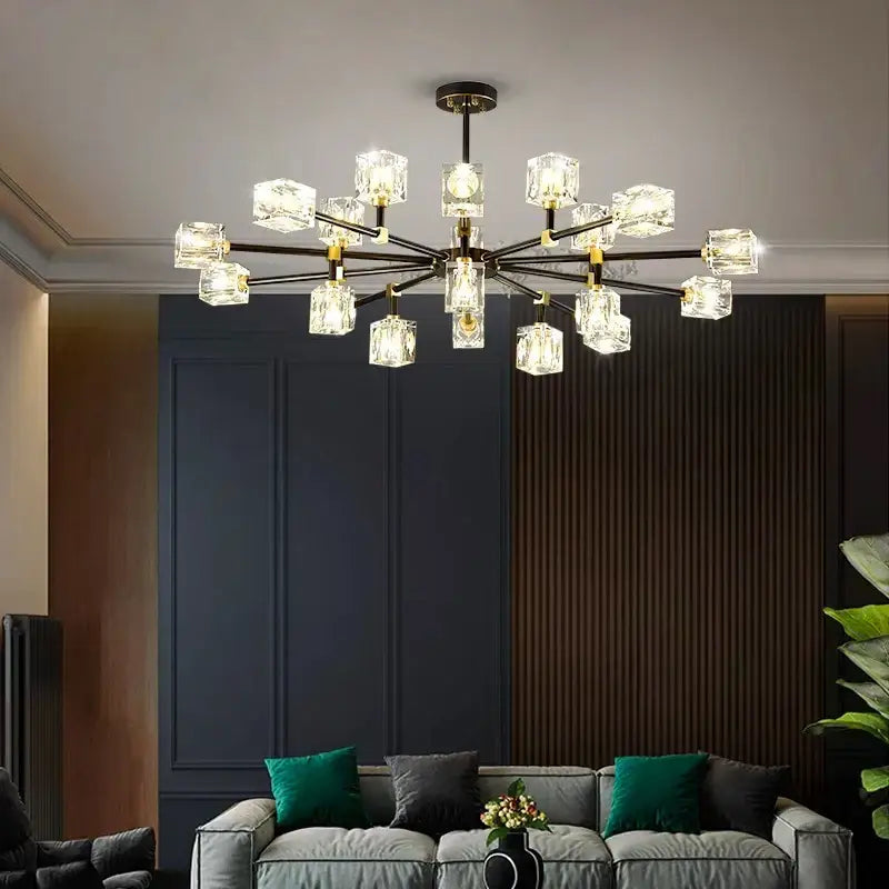 DecorBites crystal chandelier pendant light with clear crystal cube shades and dark bronze frame for luxury indoor use