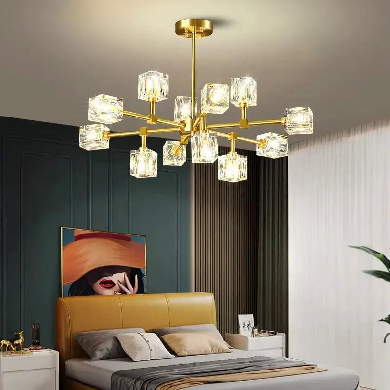 Gold-toned DecorBites crystal chandelier pendant light with clear cube-shaped crystals for luxury indoor lighting
