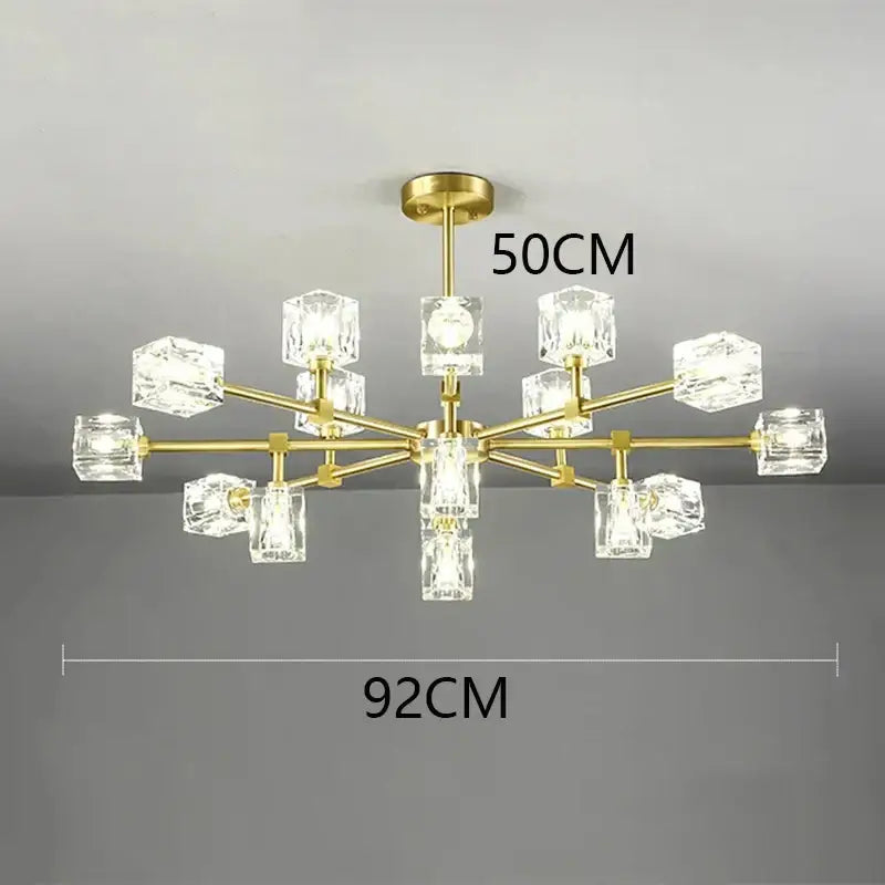 Gold-toned decorbites crystal chandelier pendant light with clear crystal cube shades for living room and bedroom ceiling