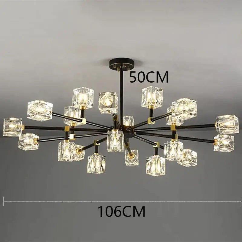 Modern black and gold DecorBites crystal chandelier pendant light with clear crystal cube shades for indoor luxury lighting