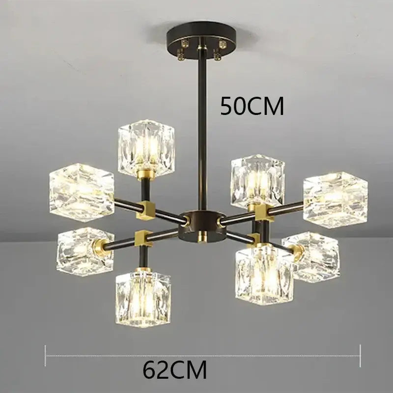 Modern decorbites crystal chandelier pendant light with black brass finish and eight clear crystal cubes in octagonal design