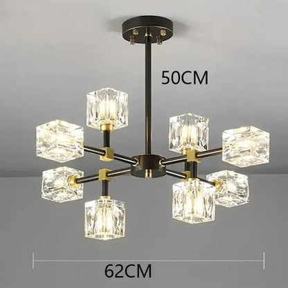 Modern decorbites crystal chandelier pendant light with black brass finish and eight clear crystal cubes in octagonal design