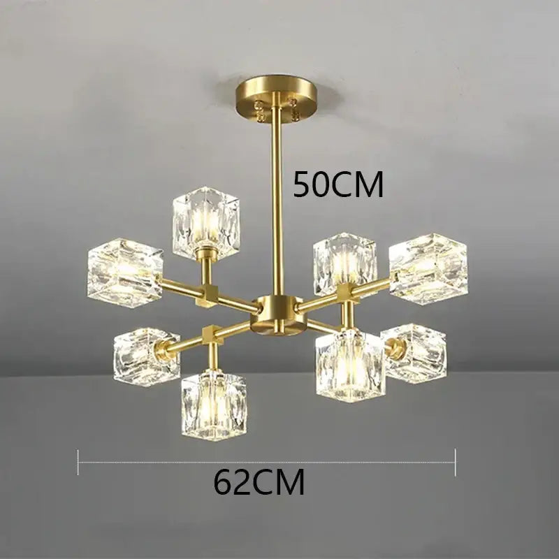 Gold-toned decorbites crystal chandelier pendant light with eight clear faceted crystal cubes for indoor luxury lighting