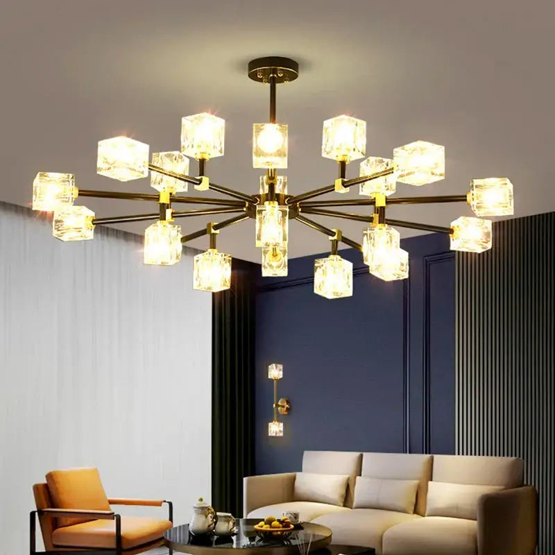 Modern DecorBites crystal chandelier pendant light with black metal frame and clear cube glass shades for indoor use