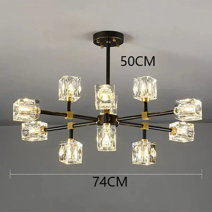 Modern black metal frame decorbites crystal chandelier pendant light with eight faceted cubes and gold-toned joints