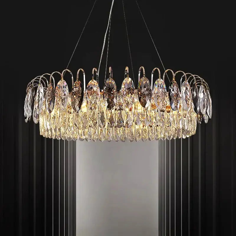 Decorbites crystal chandelier pendant light with gold-toned frame and cascading clear and amber crystals for indoor use