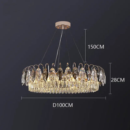 Decorbites crystal chandelier pendant light with gold-toned frame and teardrop crystals 150cm diameter for indoor use