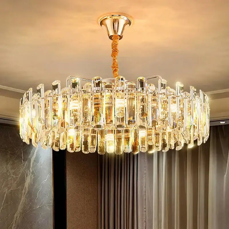 DecorBites™ chandelier pendant light with clear crystal prisms and warm led lights for living and dining rooms