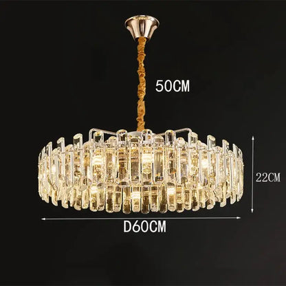 DecorBites™ chandelier pendant light with gold metal mount and clear glass rods refracting warm light for living room