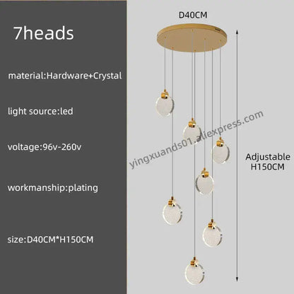 Gold-toned decorbites crystal chandelier pendant light with seven crystal spheres for luxury staircase lighting